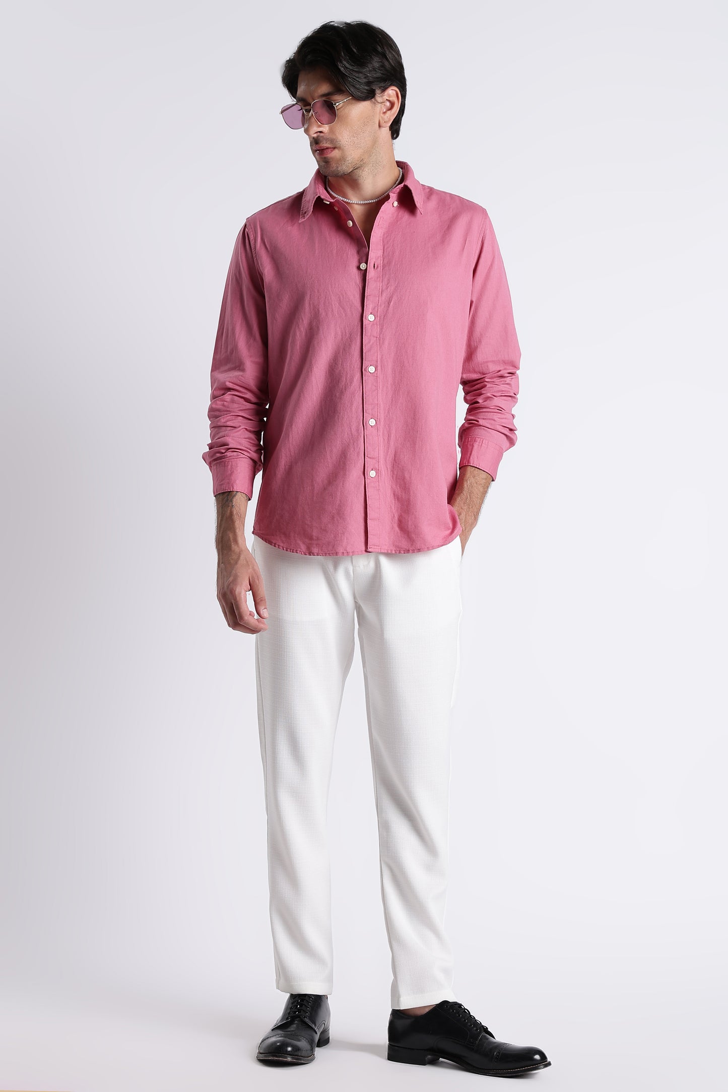 Premium Cotton Linen Slim Fit Solid Shirt Dk Pink