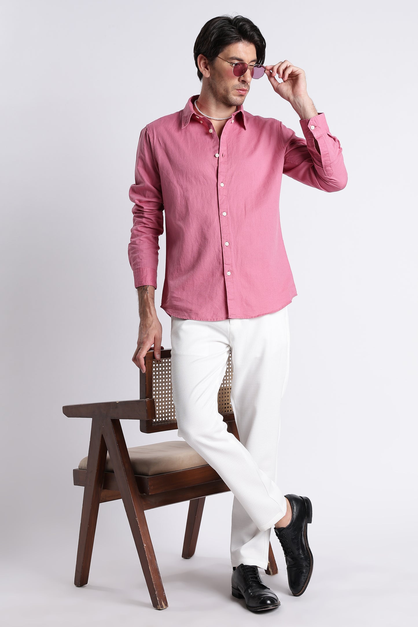 Premium Cotton Linen Slim Fit Solid Shirt Dk Pink