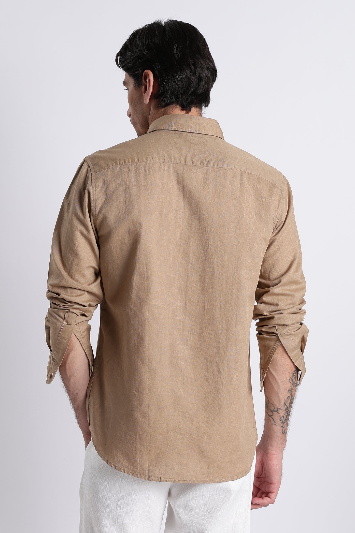 Premium Cotton Linen Slim Fit Solid Shirt Beige