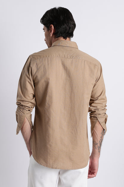Premium Cotton Linen Slim Fit Solid Shirt Beige