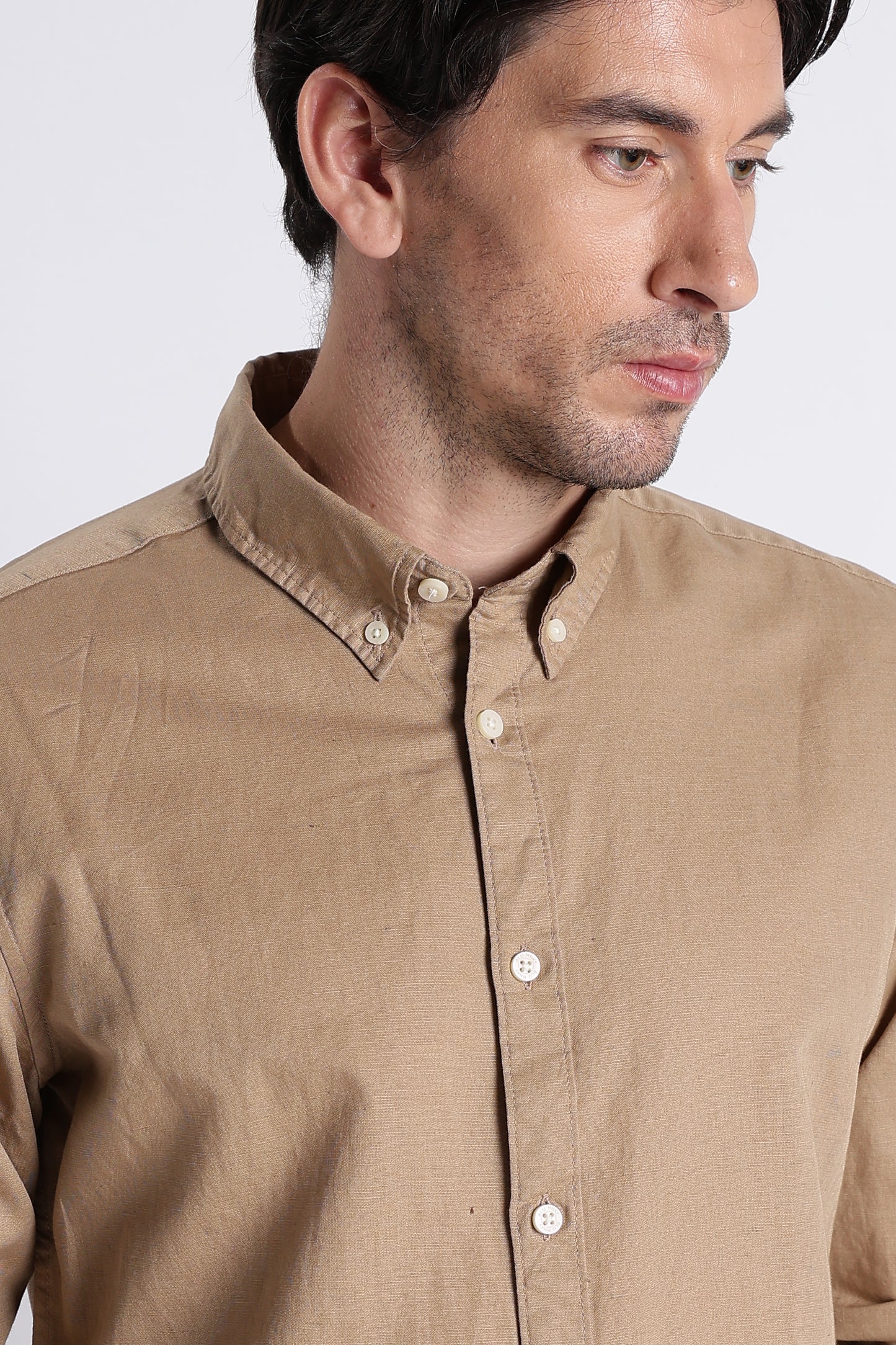 Premium Cotton Linen Slim Fit Solid Shirt Beige