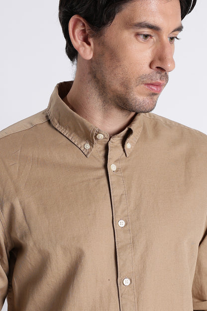 Premium Cotton Linen Slim Fit Solid Shirt Beige