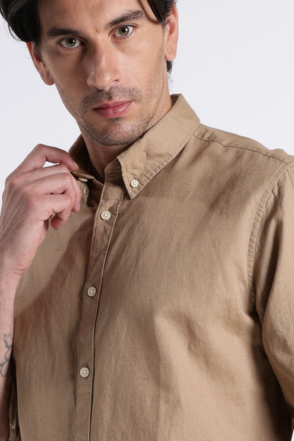 Premium Cotton Linen Slim Fit Solid Shirt Beige