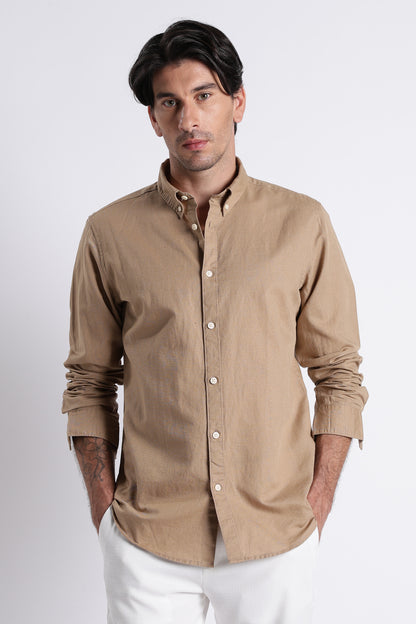 Premium Cotton Linen Slim Fit Solid Shirt Beige