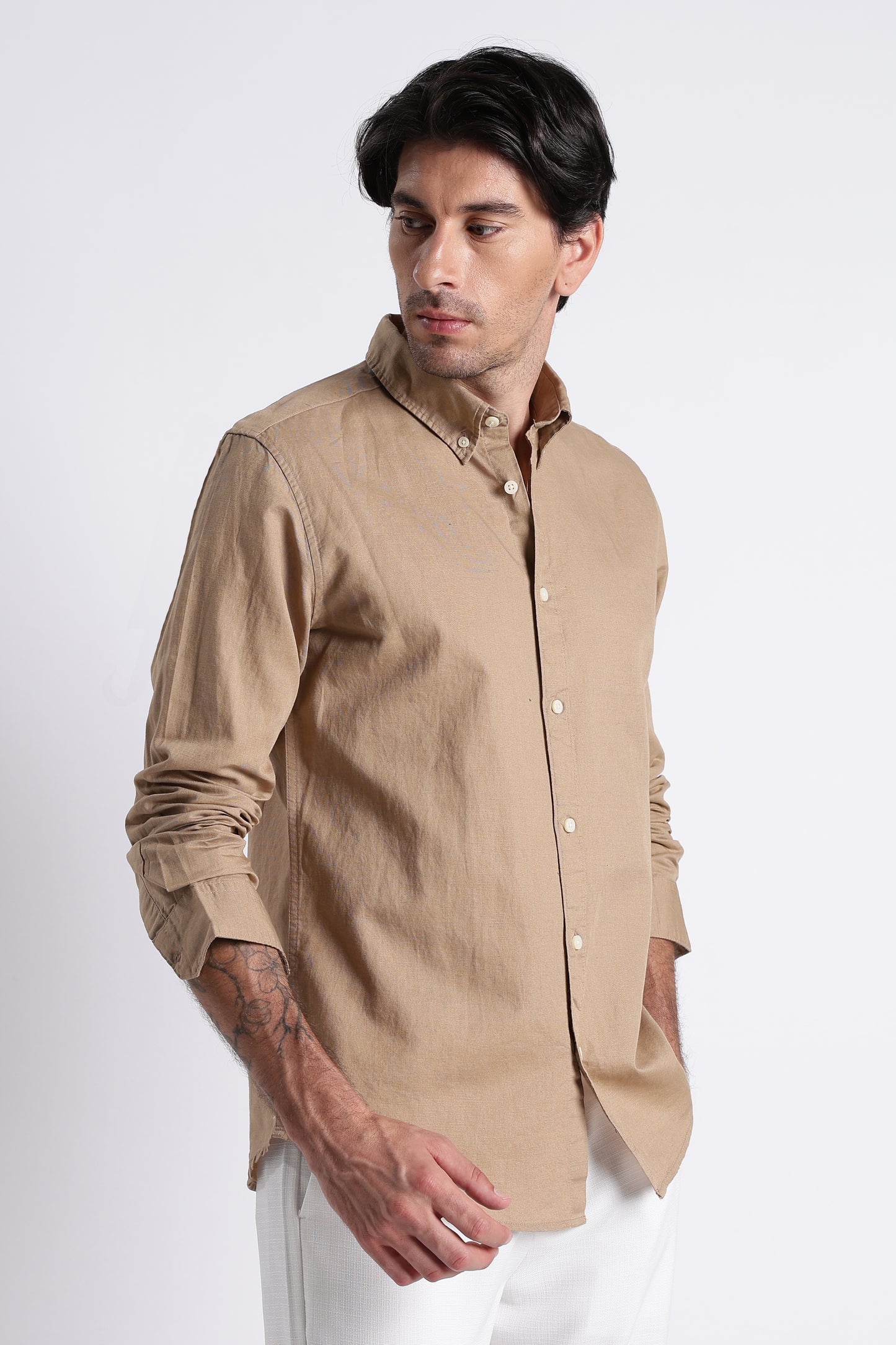 Premium Cotton Linen Slim Fit Solid Shirt Beige