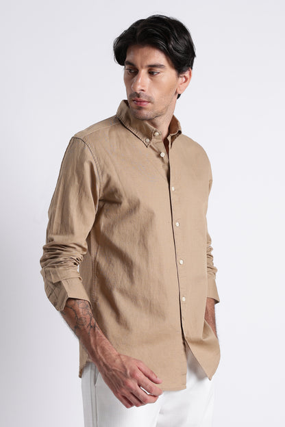 Premium Cotton Linen Slim Fit Solid Shirt Beige