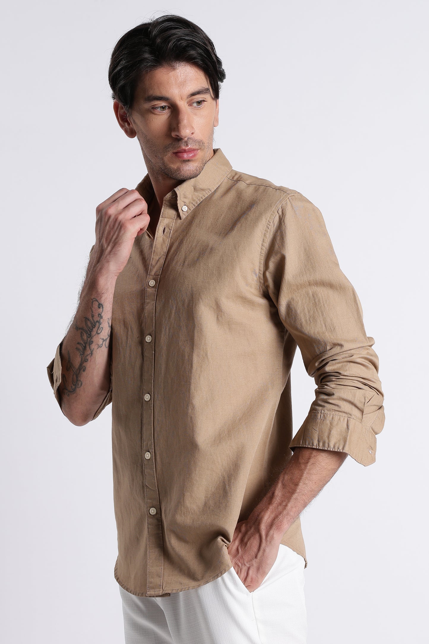 Premium Cotton Linen Slim Fit Solid Shirt Beige