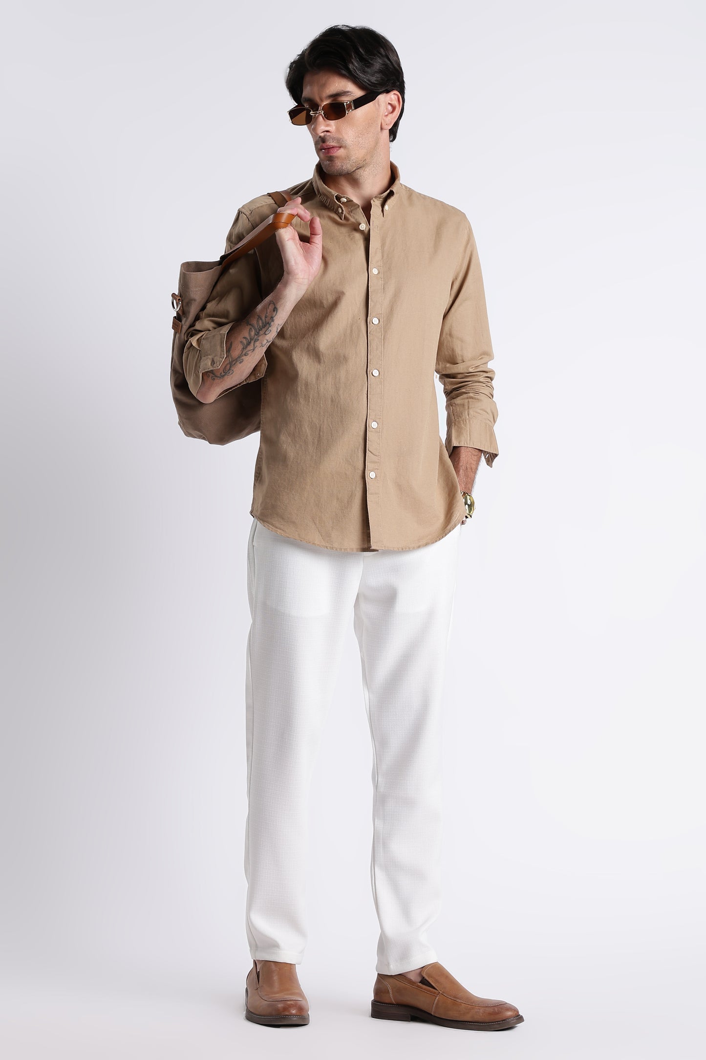 Premium Cotton Linen Slim Fit Solid Shirt Beige