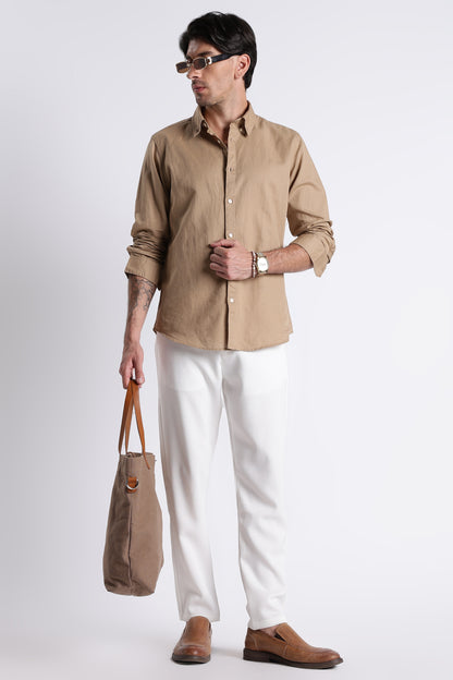 Premium Cotton Linen Slim Fit Solid Shirt Beige