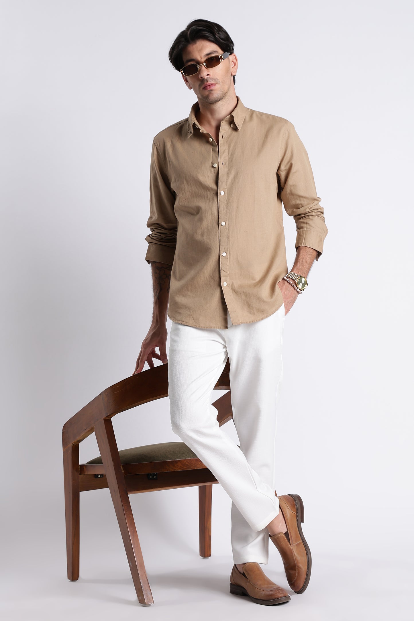 Premium Cotton Linen Slim Fit Solid Shirt Beige
