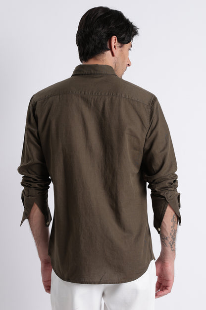 Premium Cotton Linen Slim Fit Solid Shirt Olive