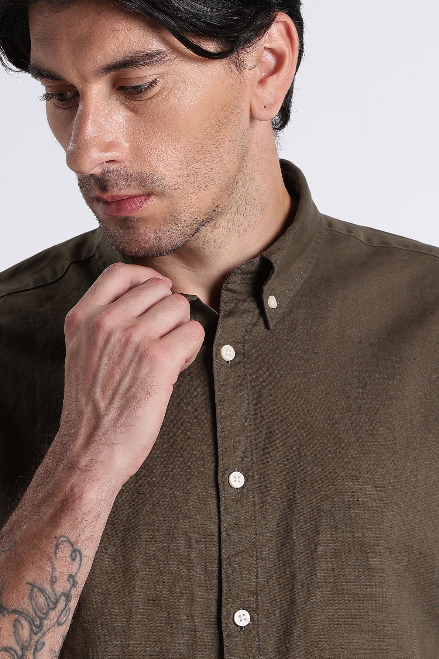 Premium Cotton Linen Slim Fit Solid Shirt Olive