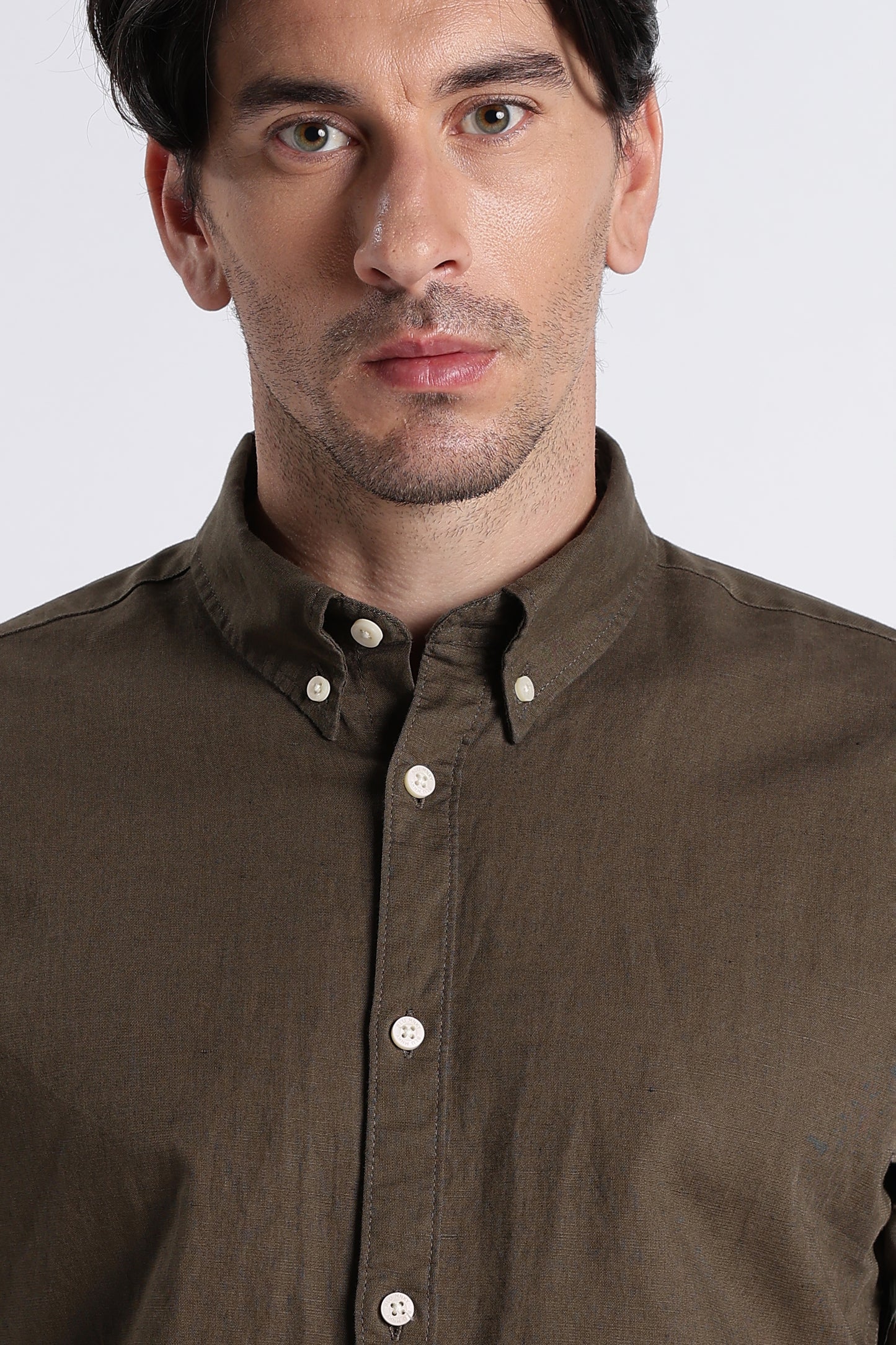 Premium Cotton Linen Slim Fit Solid Shirt Olive