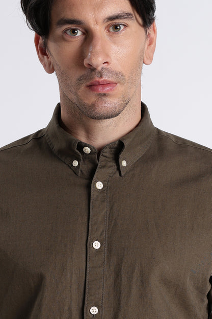 Premium Cotton Linen Slim Fit Solid Shirt Olive