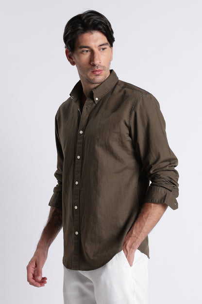 Premium Cotton Linen Slim Fit Solid Shirt Olive