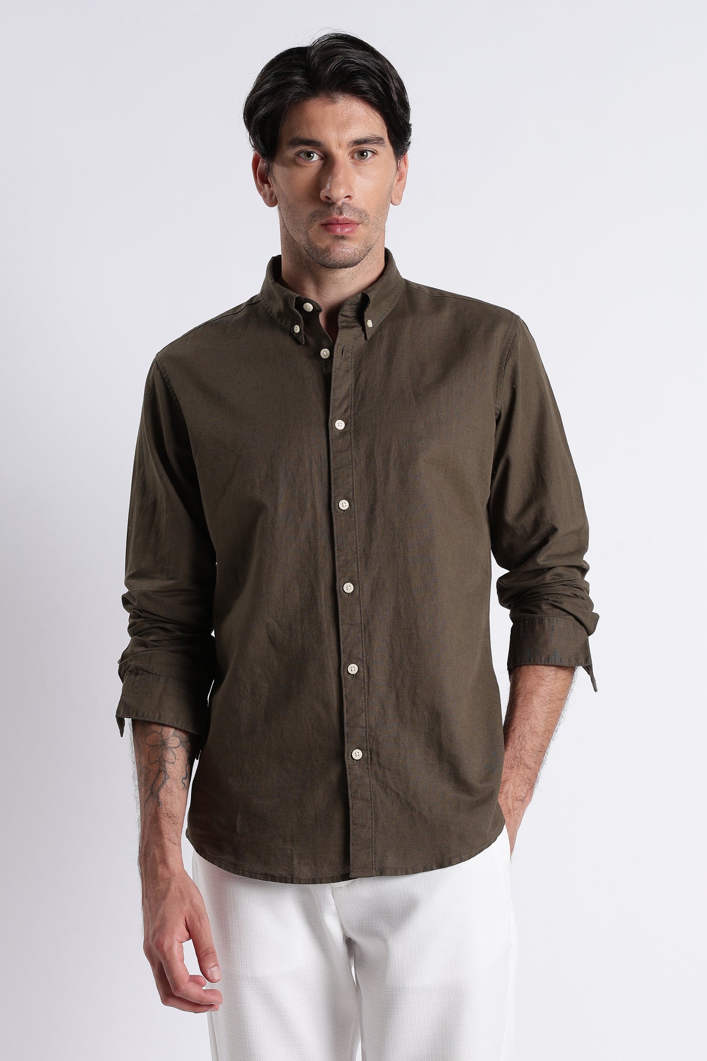 Premium Cotton Linen Slim Fit Solid Shirt Olive