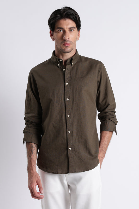 Premium Cotton Linen Slim Fit Solid Shirt Olive