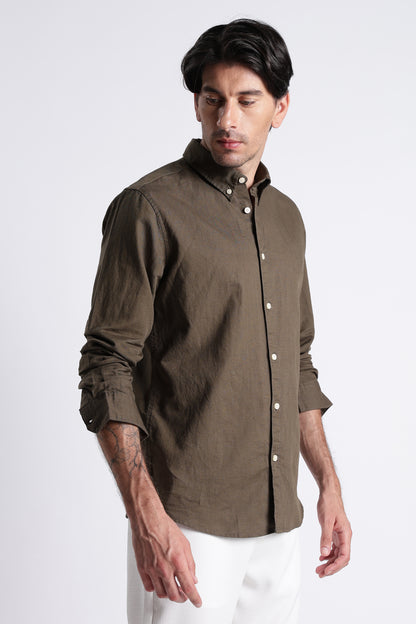 Premium Cotton Linen Slim Fit Solid Shirt Olive