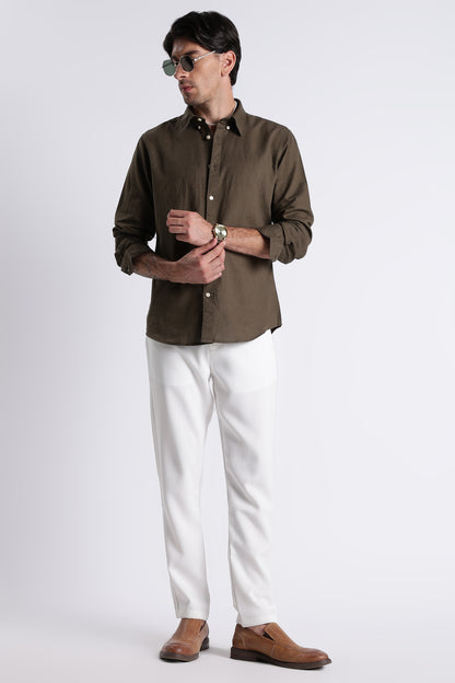 Premium Cotton Linen Slim Fit Solid Shirt Olive