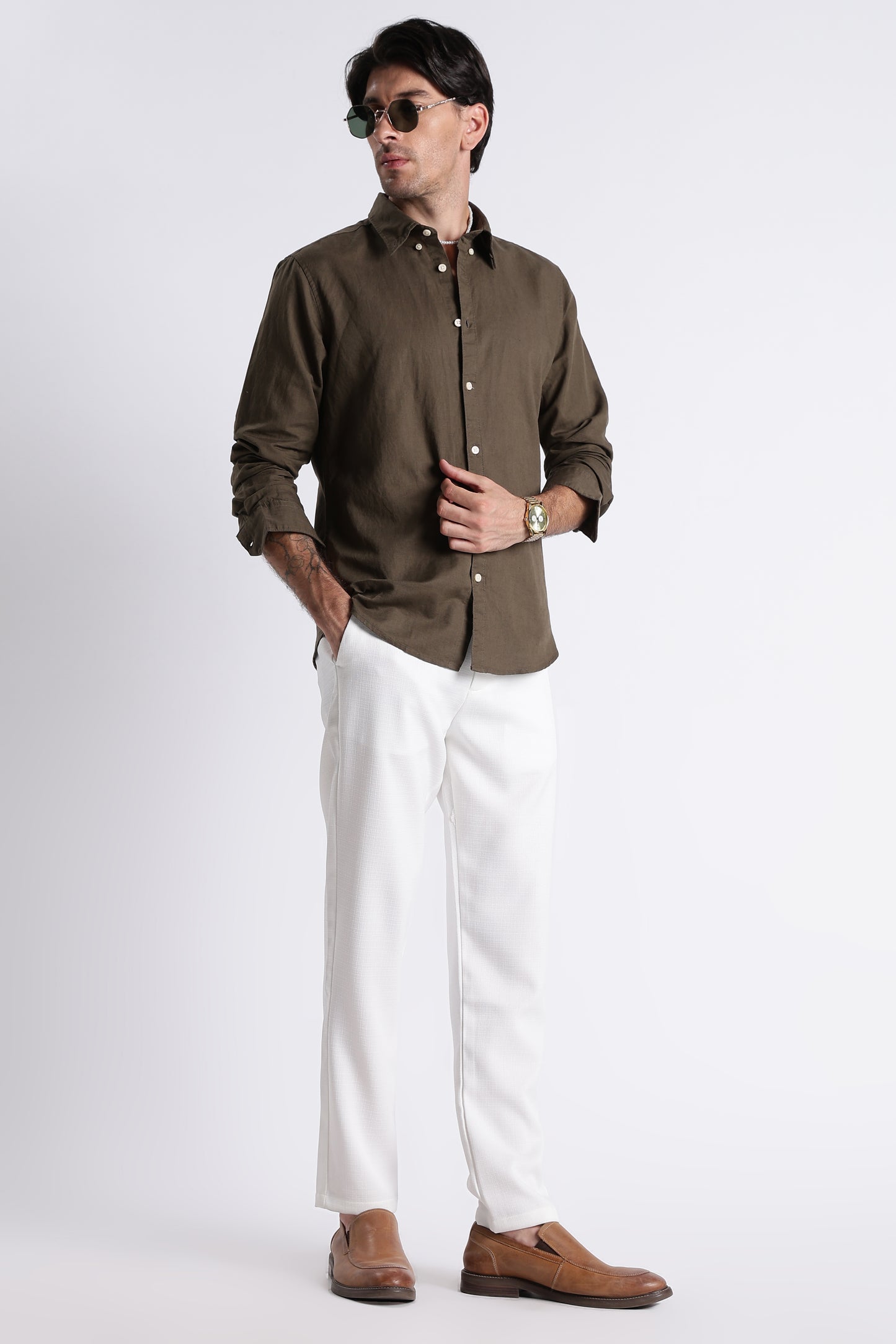 Premium Cotton Linen Slim Fit Solid Shirt Olive