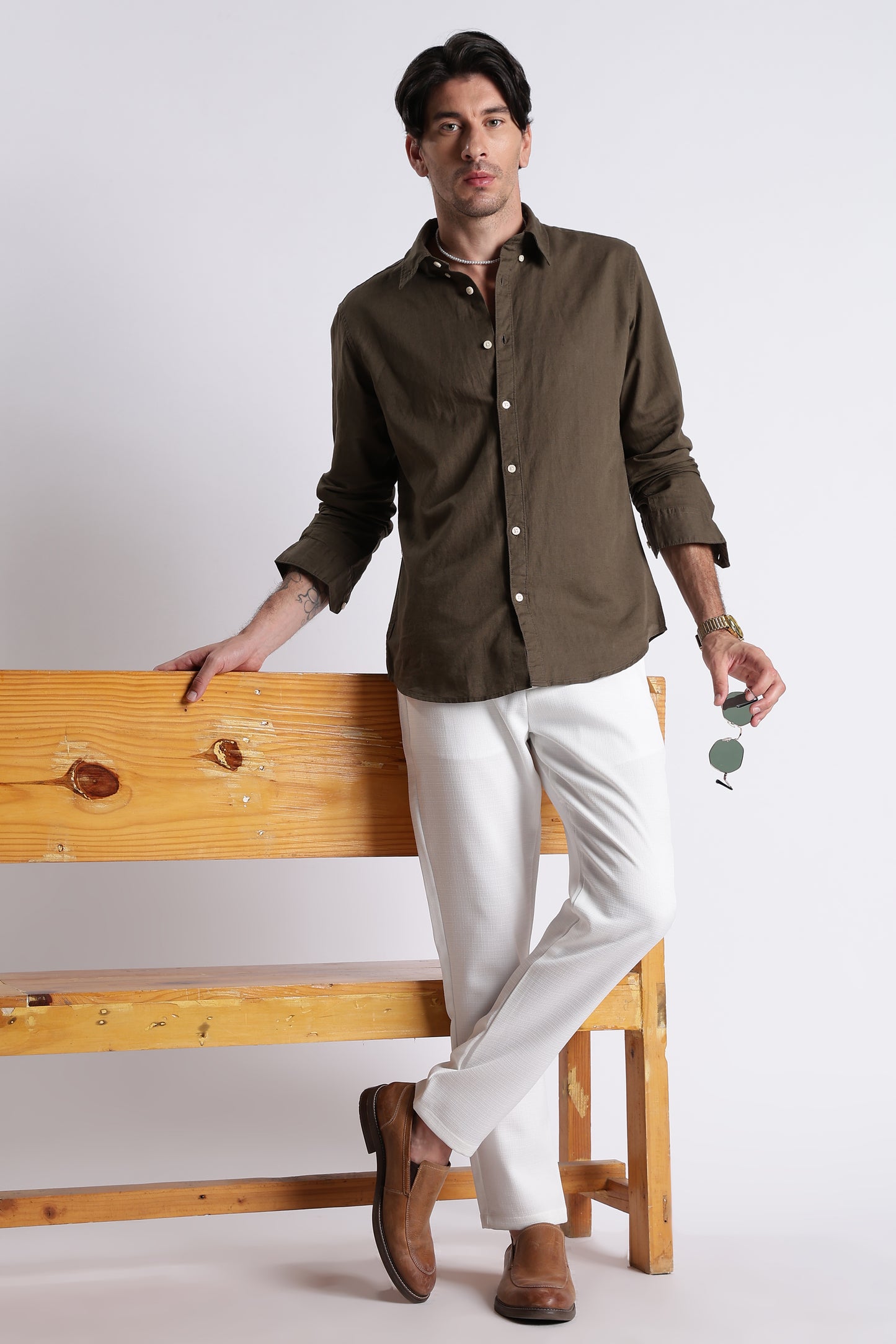 Premium Cotton Linen Slim Fit Solid Shirt Olive