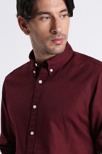 Premium Cotton Linen Slim Fit Solid Shirt Maroon