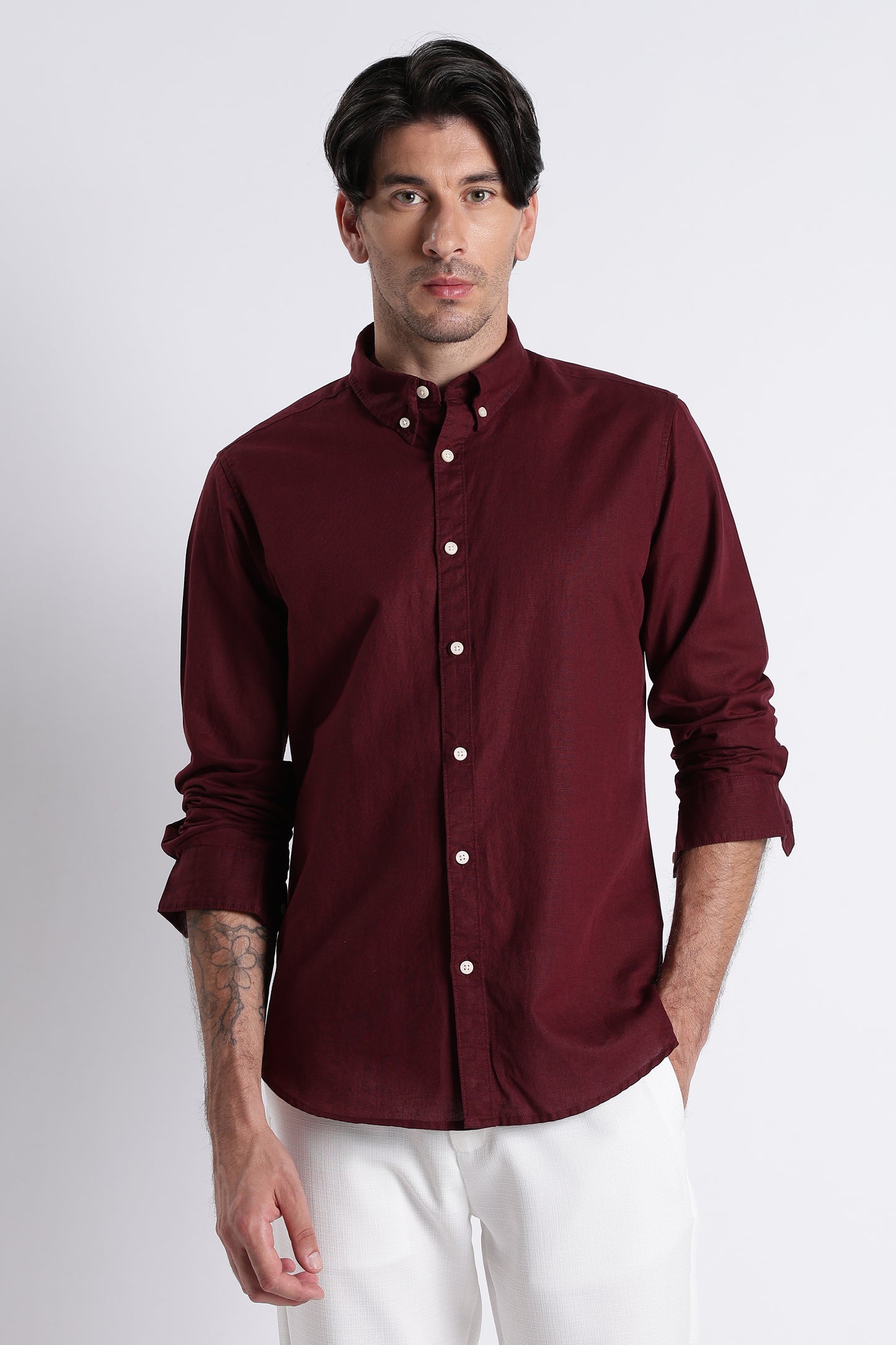 Premium Cotton Linen Slim Fit Solid Shirt Maroon