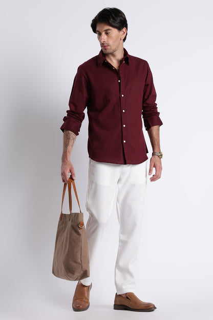 Premium Cotton Linen Slim Fit Solid Shirt Maroon
