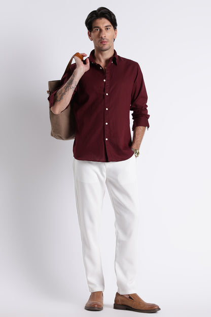 Premium Cotton Linen Slim Fit Solid Shirt Maroon