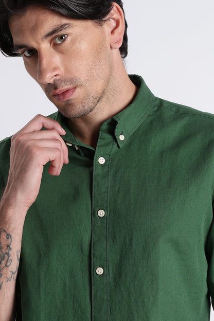 Premium Cotton Linen Slim Fit Solid Shirt Green