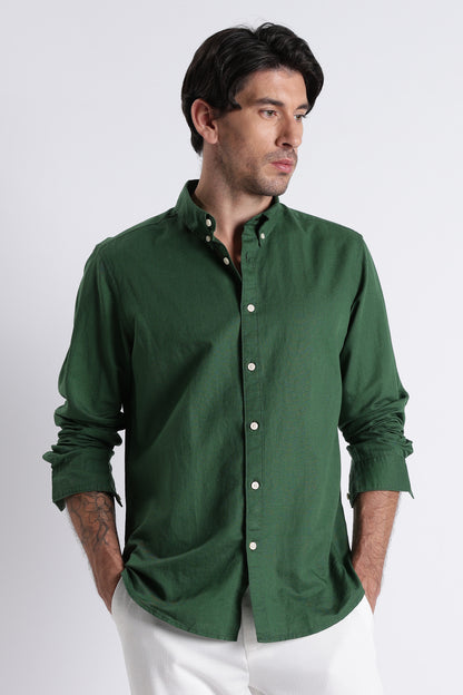 Premium Cotton Linen Slim Fit Solid Shirt Green