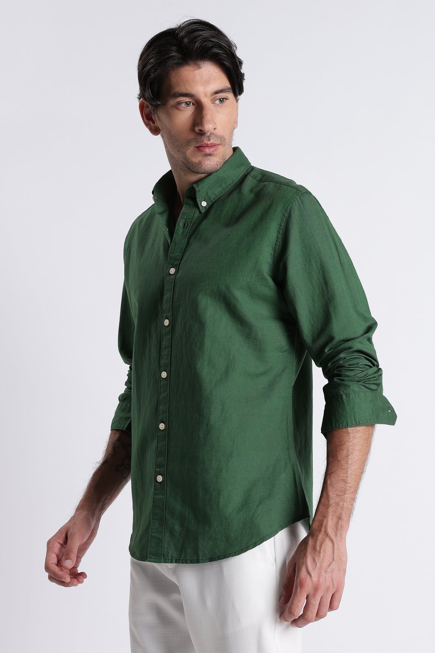 Premium Cotton Linen Slim Fit Solid Shirt Green