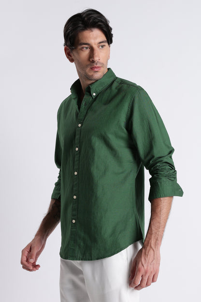 Premium Cotton Linen Slim Fit Solid Shirt Green
