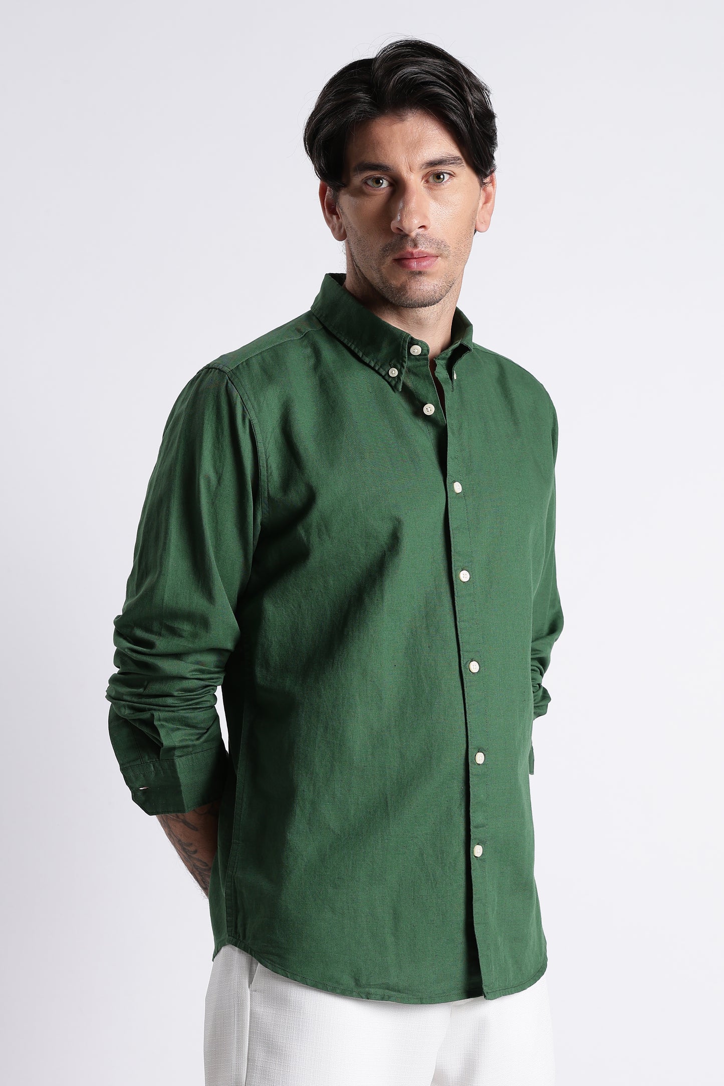 Premium Cotton Linen Slim Fit Solid Shirt Green