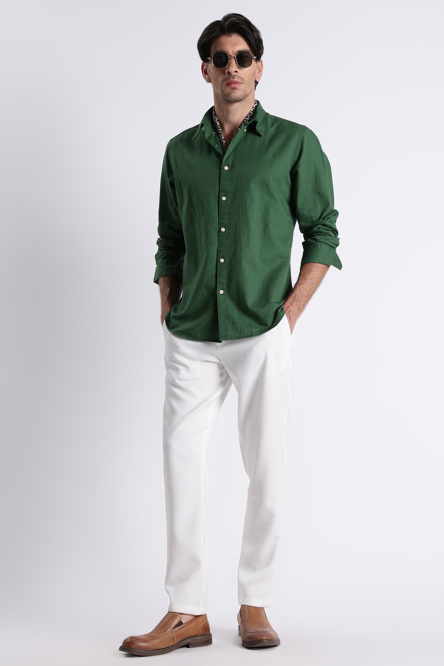 Premium Cotton Linen Slim Fit Solid Shirt Green