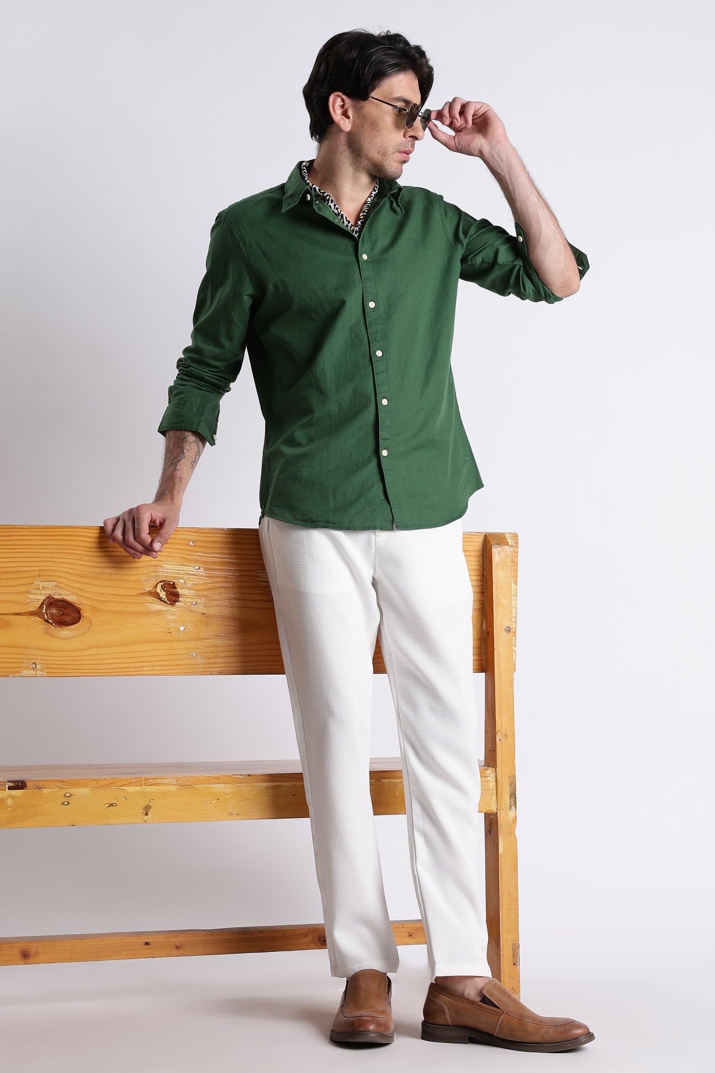 Premium Cotton Linen Slim Fit Solid Shirt Green