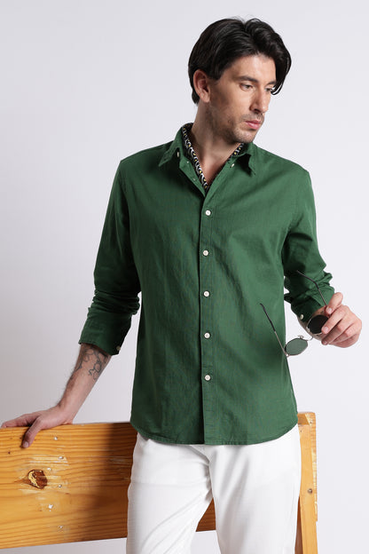 Premium Cotton Linen Slim Fit Solid Shirt Green