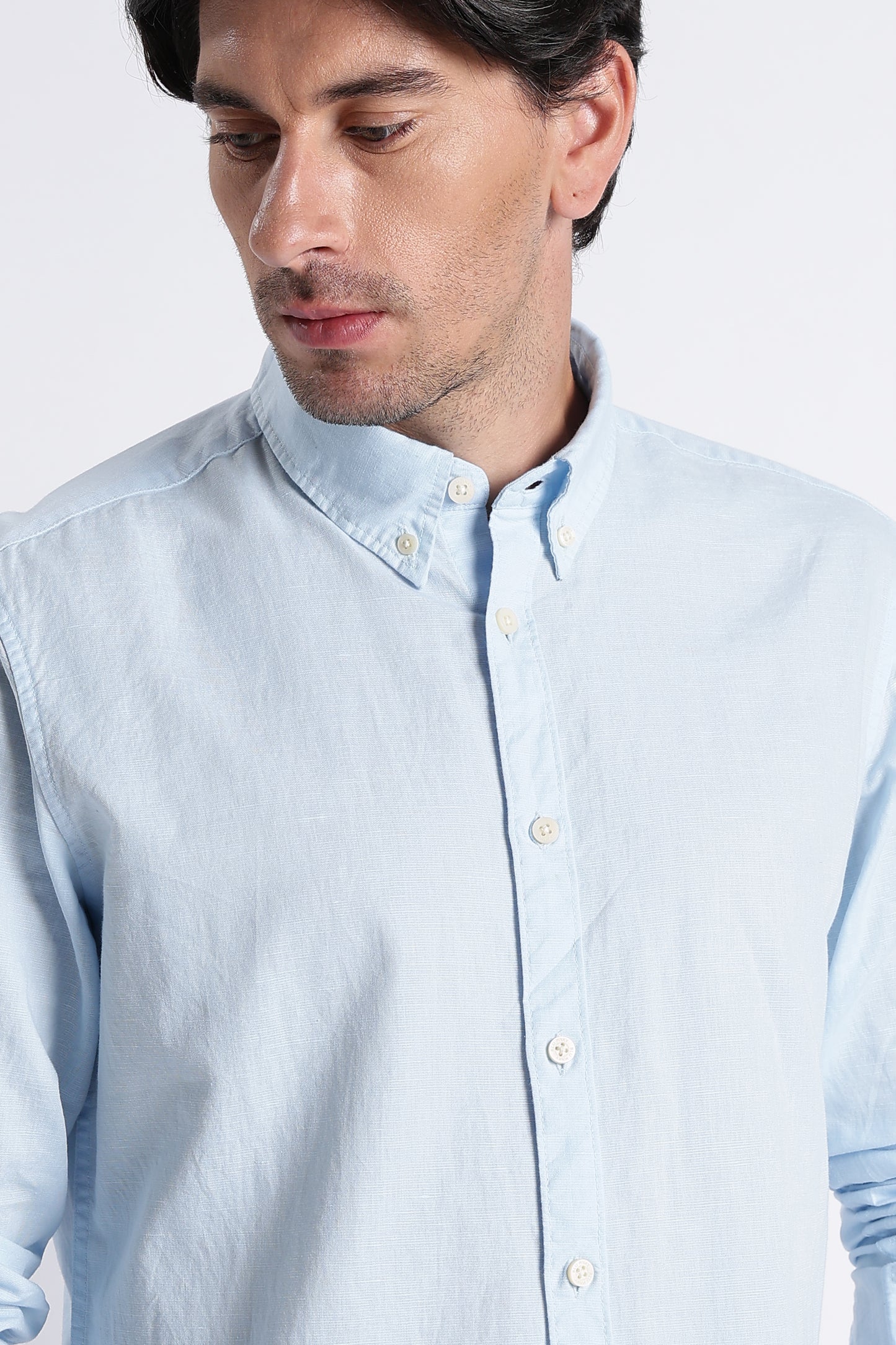 Premium Cotton Linen Slim Fit Solid Shirt Sky Blue