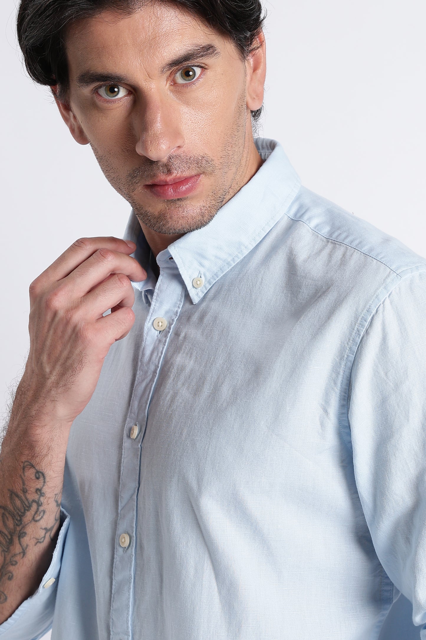 Premium Cotton Linen Slim Fit Solid Shirt Sky Blue