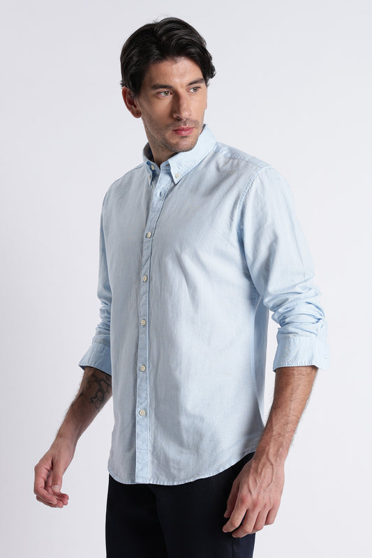 Premium Cotton Linen Slim Fit Solid Shirt Sky Blue