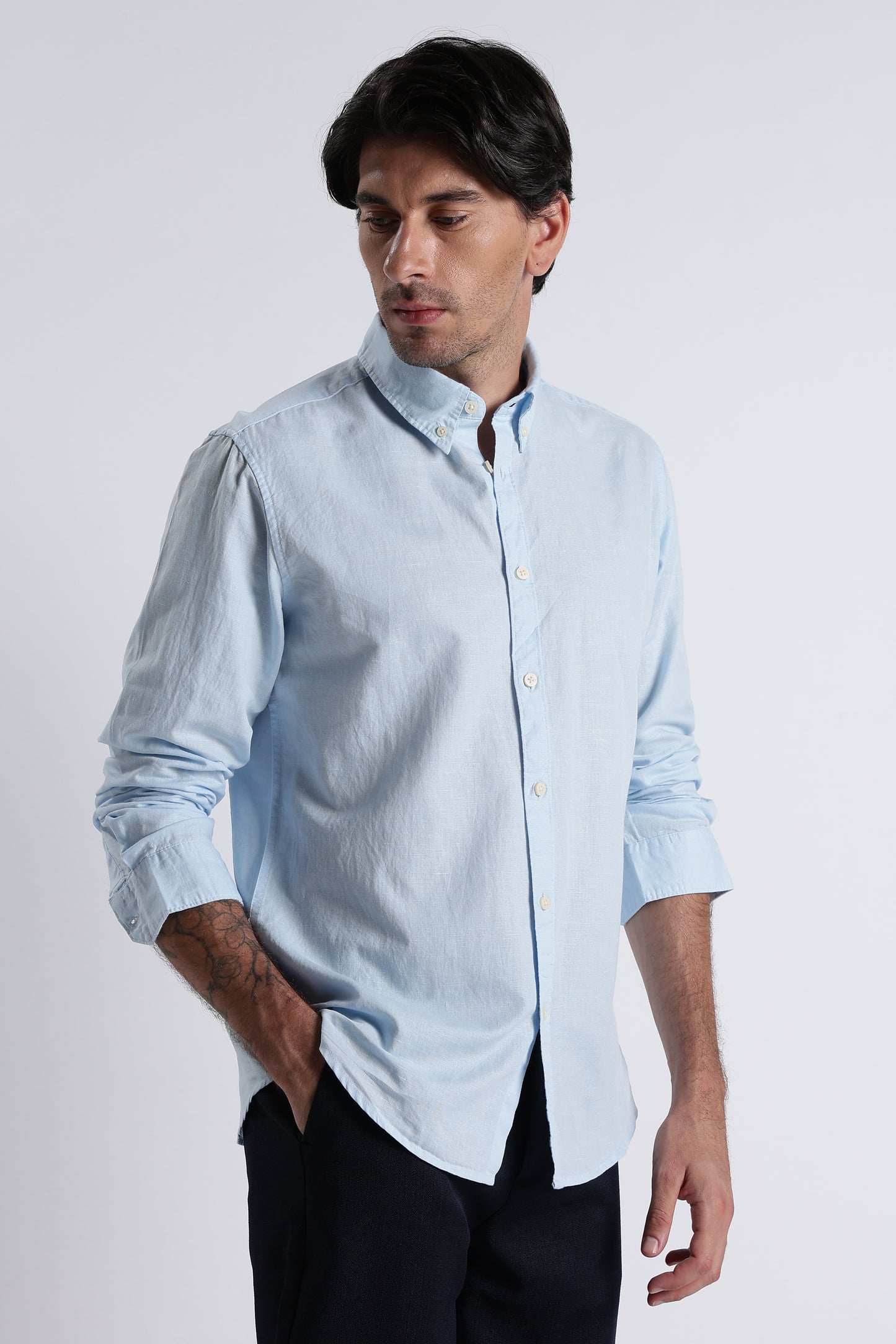 Premium Cotton Linen Slim Fit Solid Shirt Sky Blue