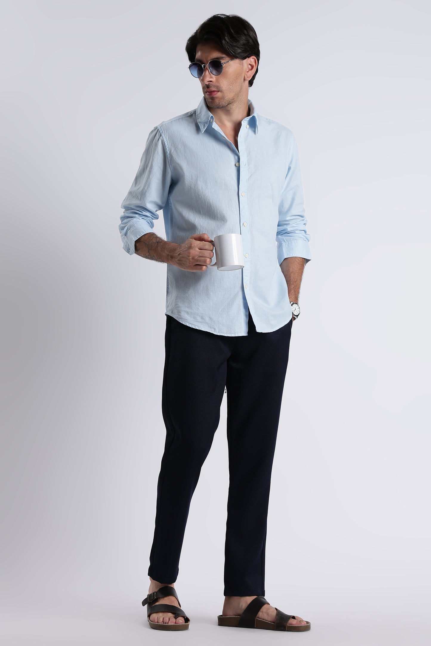 Premium Cotton Linen Slim Fit Solid Shirt Sky Blue
