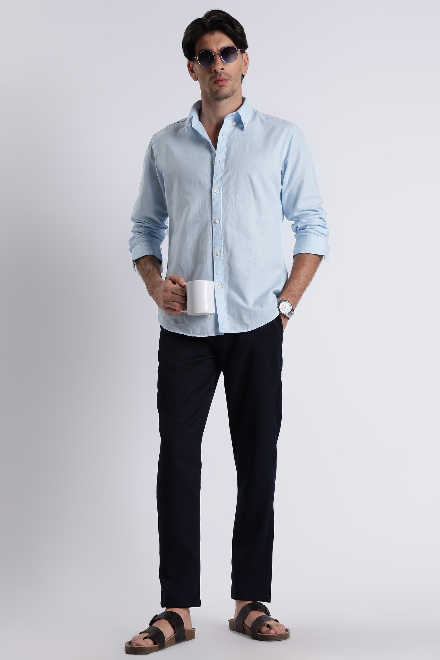 Premium Cotton Linen Slim Fit Solid Shirt Sky Blue