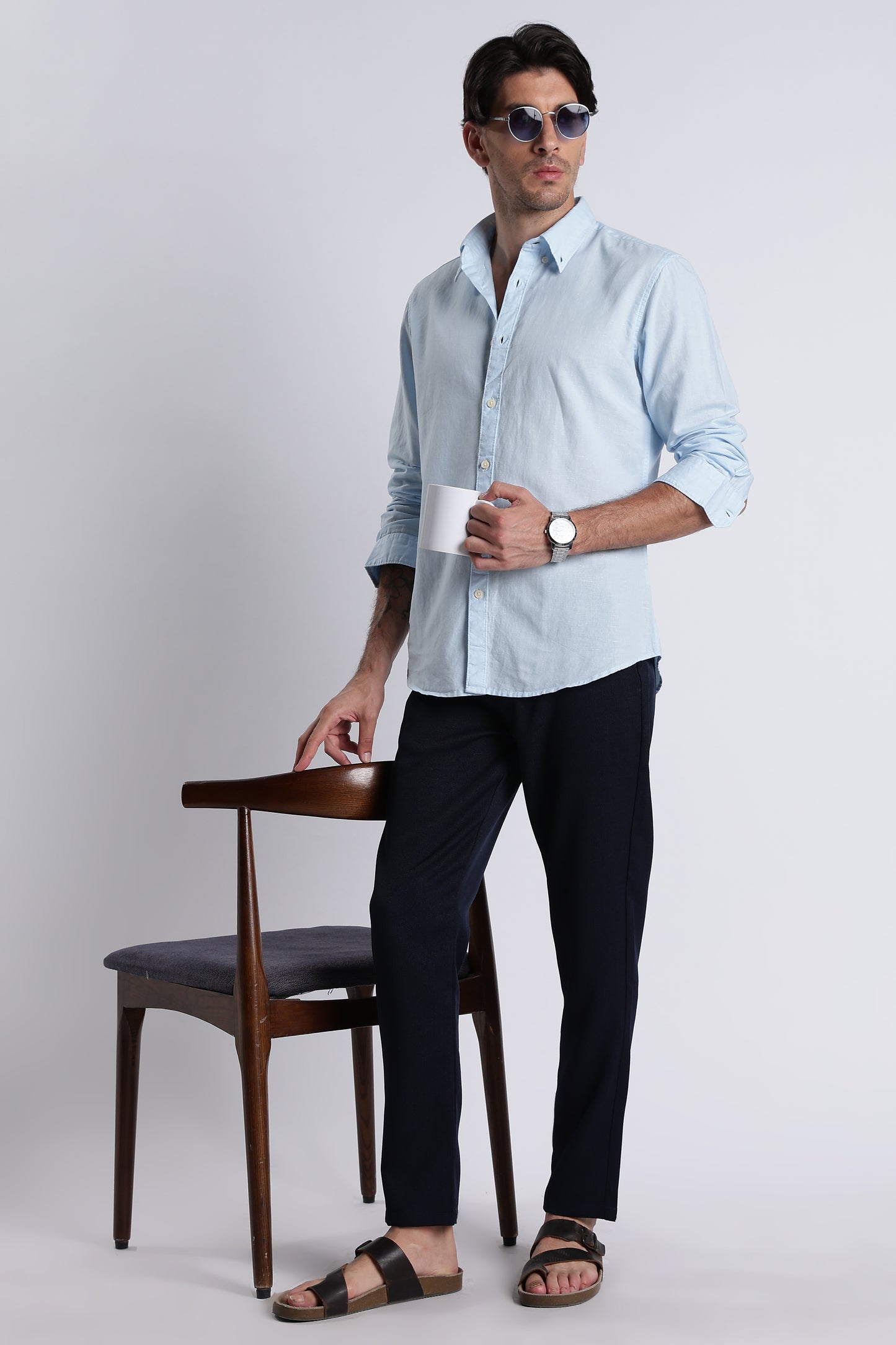 Premium Cotton Linen Slim Fit Solid Shirt Sky Blue