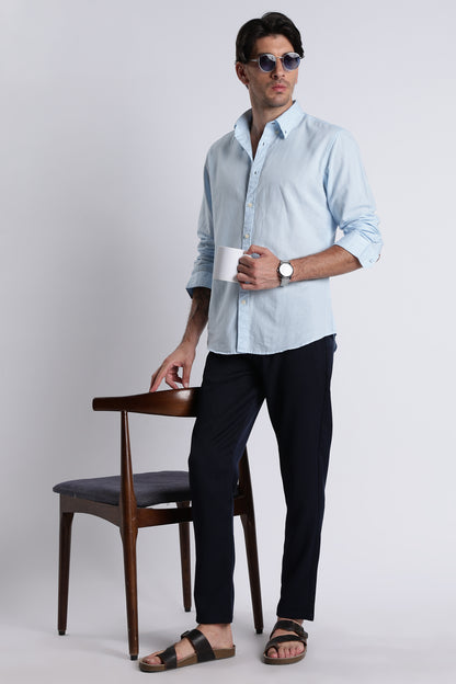 Premium Cotton Linen Slim Fit Solid Shirt Sky Blue