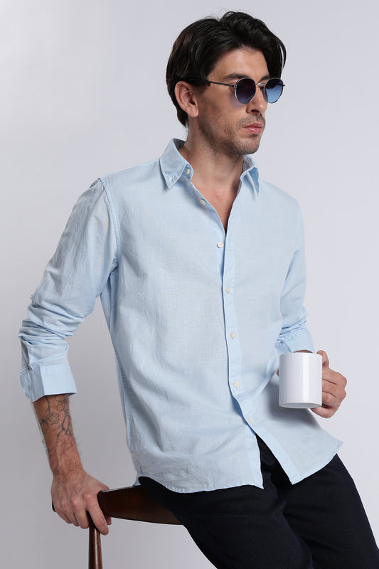 Premium Cotton Linen Slim Fit Solid Shirt Sky Blue