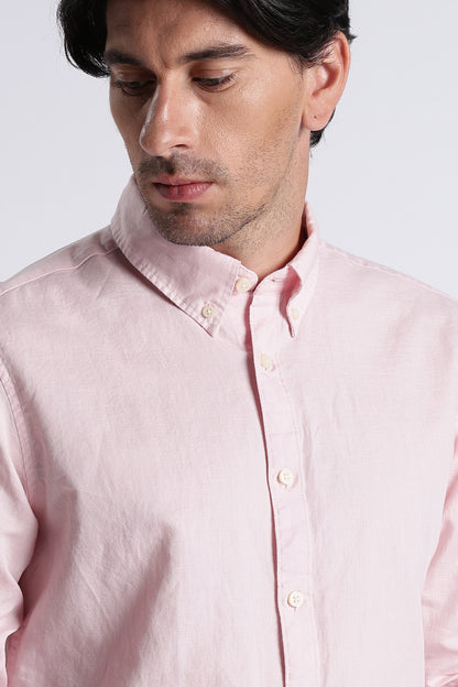 Premium Cotton Linen Slim Fit Solid Shirt Pink
