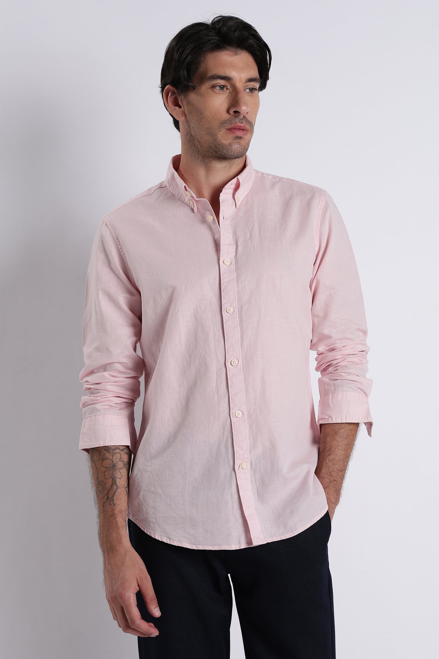 Premium Cotton Linen Slim Fit Solid Shirt Pink