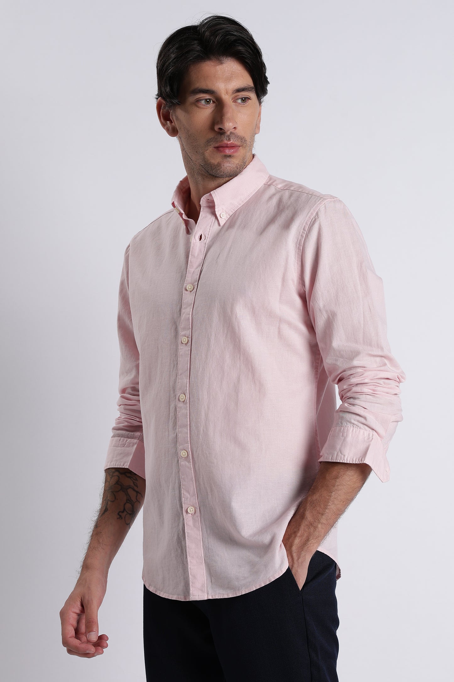 Premium Cotton Linen Slim Fit Solid Shirt Pink