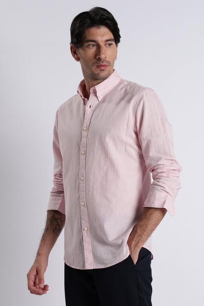 Premium Cotton Linen Slim Fit Solid Shirt Pink